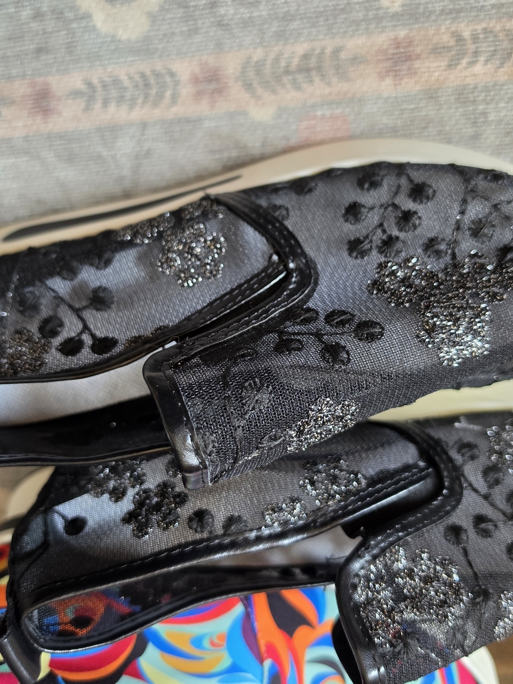 Black Floral Glitter Slip-On Women’s Shoes 40